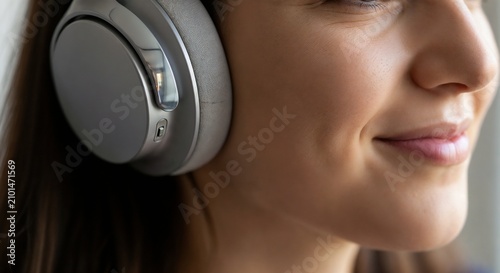 Close-up image of woman wearing headphones enjoying music and smiling softly while listening to tunes. Woman immersed in sound experience with headphones, showcasing joy and engagement.
