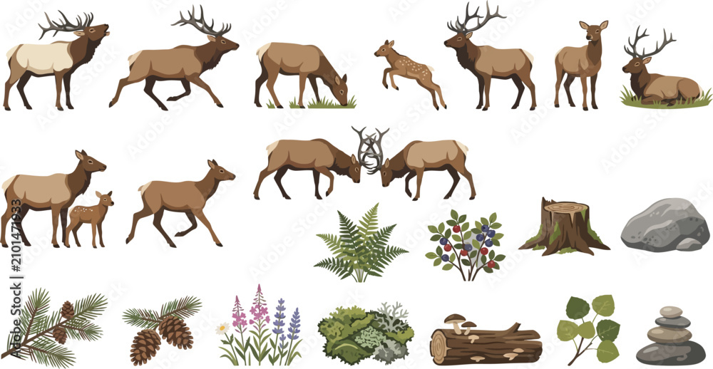 Obraz premium Elk and deer animal collection with forest flora, pine cones, mushrooms, and woodland landscape design elements