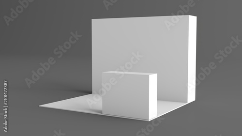 Blank Exhibition Booth Mockup with Backdrop and Reception Desk