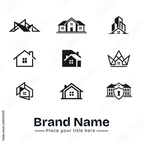 Modern real estate and property logo icon set. Abstract house outline, security shield home, luxury crown building, geometric residential property and architecture vector design templates.