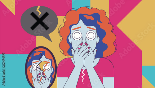 Shocked young woman covering her mouth in fear near a cracked mirror representing superstition and bad luck.