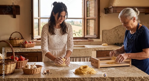 A young woman and an older woman prepare fresh pasta in a rustic kitchen with warm sunlight, traditional tools, and baskets of fresh ingredients.