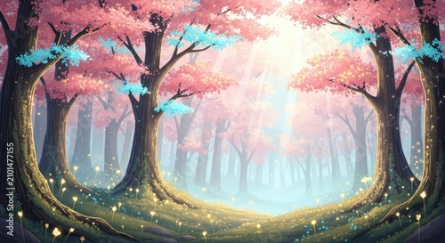 Enchanted forest with glowing pink trees and magical light.