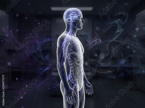 transparent human body in profile, the connection between the spine and the brain