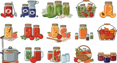 Cuadro en lienzo Set of jars with homemade canned vegetables, fruits, berries, and jam