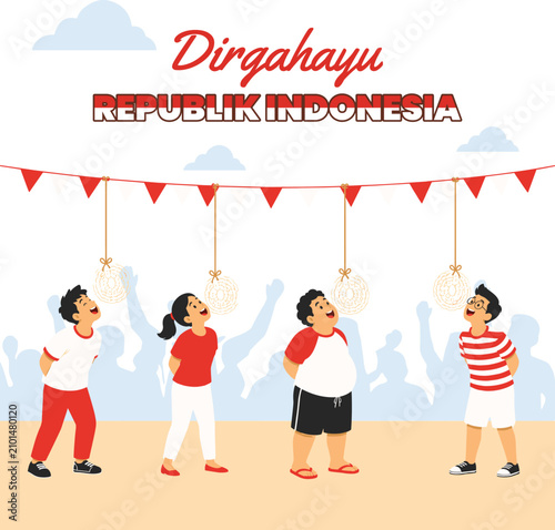 Indonesian Children Playing Traditional Cracker Eating Contest for Indonesia Independence Day