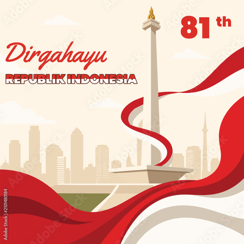 National Monument Jakarta with Indonesian Flag Ribbon for Indonesia Independence Day