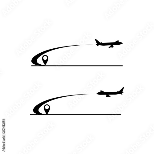 A passenger plane takes off and lands on a runway. Airplane flight path.