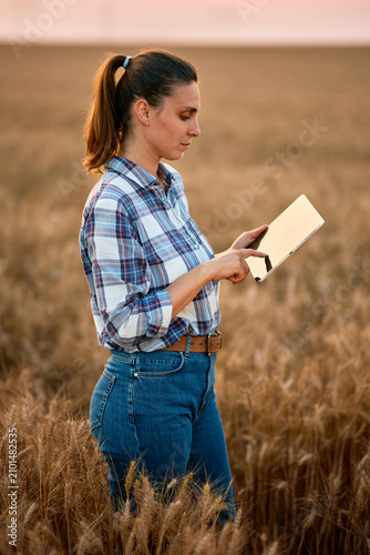 Female farmer using tablet in smart wheat field