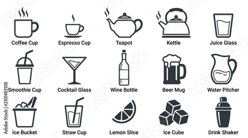 Drinkware and Beverage Icons Set for Kitchen and Bar