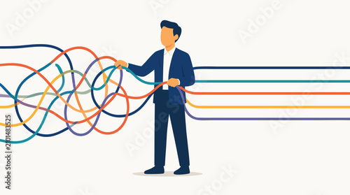 Faceless manager untangling colorful crossed wires into clean parallel lines, vector illustration of problem solving, workflow clarity, process optimization, organization, and strategic leadership