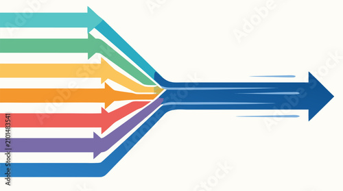 Colorful geometric arrows from multiple lanes merging into one high speed track, symbolizing business alignment, streamlined workflow, focus, efficiency and strategic growth in a flat vector style