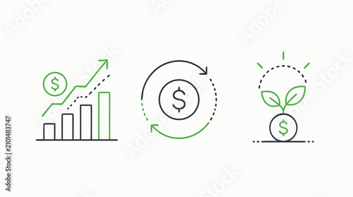 Capital gains, return on investment and yield thin line icon set with rising chart, ROI cycle arrow and money plant growth symbols, editable stroke vector for finance dashboards and portfolio reports