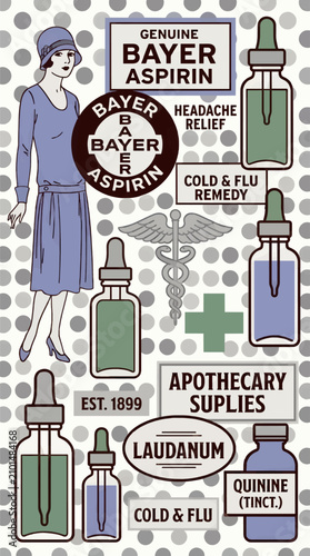 фотографія Vintage Pharmaceutical Collage with 1920s Woman, Bayer Aspirin Ads, Medicine Bot