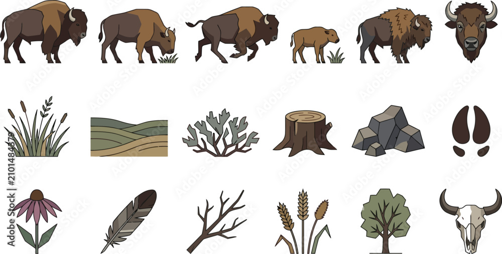 Obraz premium Pixel art icons of bison, calves, and prairie elements like rolling hills, sagebrush, and wildflowers, depicting North American plains.