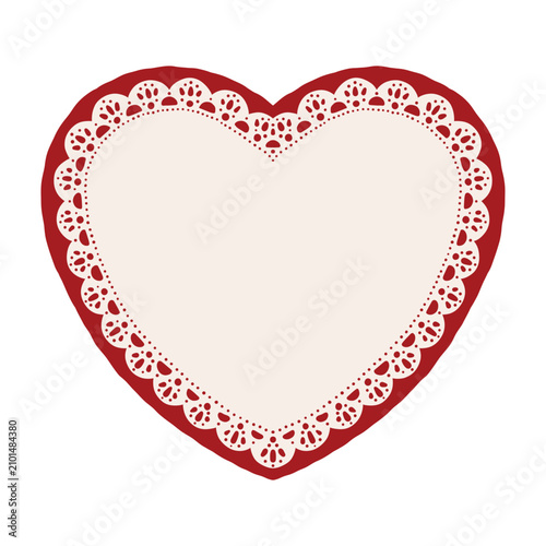 Fotografie Hand drawn red lace doily heart with delicate openwork edges