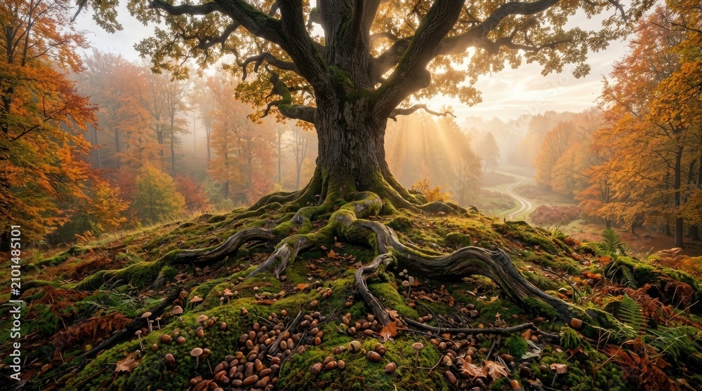 Fototapeta premium Enchanted halloween forest majestic oak tree with autumn foliage and mystical sunlight