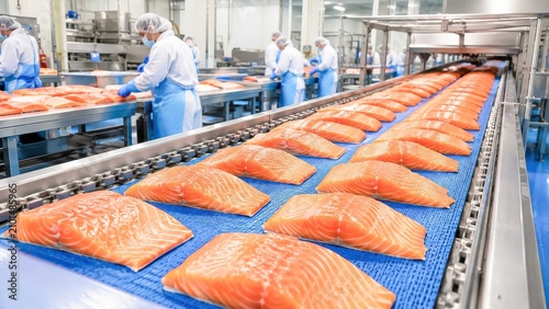 Salmon Processing Line Rows of perfectly cut salmon fillets glide along a conveyor belt in a clean, modern food processing facility, overseen by workers in hygienic attire.