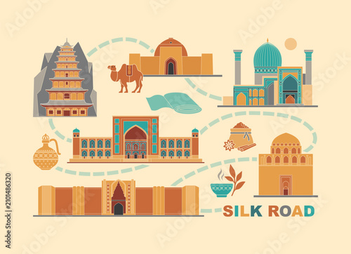 Flat vector illustration featuring famous Silk Road landmarks, historic architecture and traditional cultural symbols across Asia. Ideal for travel guides, educational projects, tourism, history infog