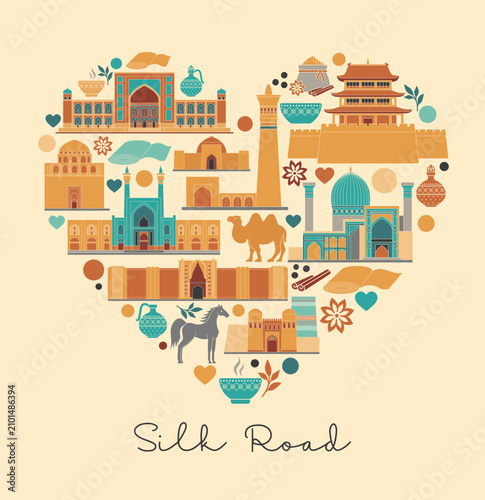 Flat vector composition featuring iconic Silk Road landmarks, architecture and traditional cultural symbols arranged in a decorative layout. Ideal for travel posters, tourism branding, educational pro
