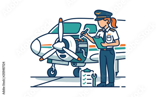 Cartoon Female Pilot Pre-Flight Inspection Vector Illustration