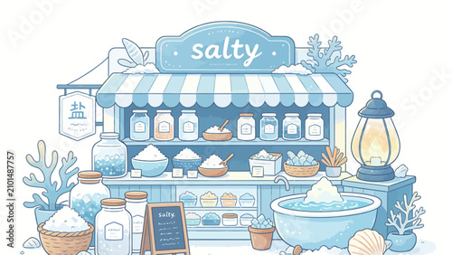 Charming seaside salt stall with jars of sea salt, coral decorations, and a warm glowing lantern on