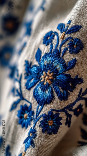 Plakat Elegant Floral Needlework Pattern with Blue Thread on Rustic Linen Fabric