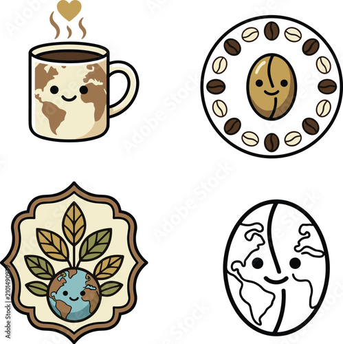 Cute Coffee and Global Sustainability Icon Set Featuring Smiling World Map Mug Coffee Bean and Earth Character VectorsCute Coffee and Global Sustainability Icon Set Featuring Smiling World Map Mug Cof