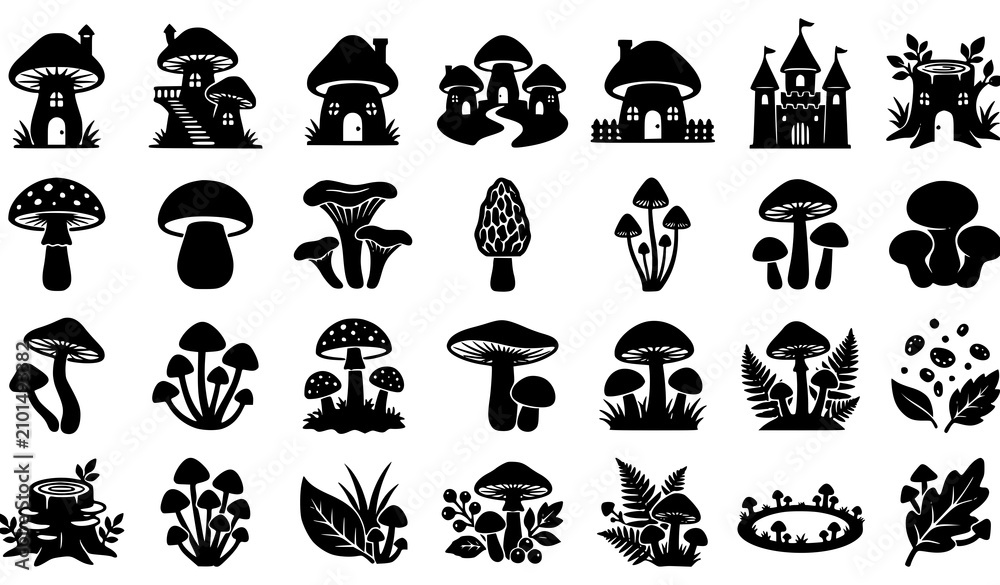 Obraz premium Mushroom House Silhouette and Forest Mushroom Vector Icon Set