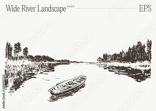 Wide River Landscape With Rowboat In Foreground, Hand Drawn Sketch Illustration