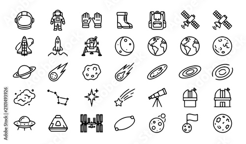 Cuadro en lienzo Premium space exploration and astronomy line icons set