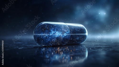 Star Filled Pharmaceutical Capsule with Celestial Universe Abstract Illustration