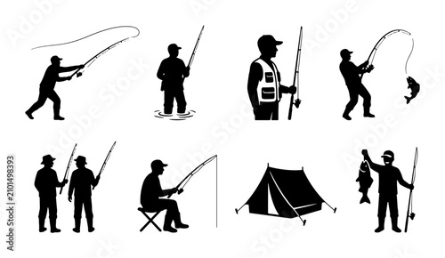 Schilderij op canvas Fishing Silhouettes Collection: Anglers, Rods, Catch, Tent, Outdoor Activity Ico