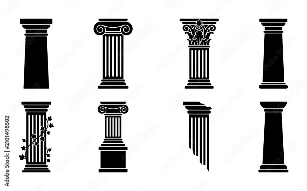 Fototapeta premium Classical Architectural Columns, Ancient Greek Roman Pillars, Decorative Building Elements, Set of 8 Vector Icons