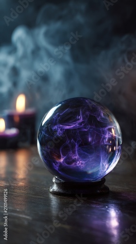Mystical Purple Crystal Ball with Ethereal Smoke and Candlelight