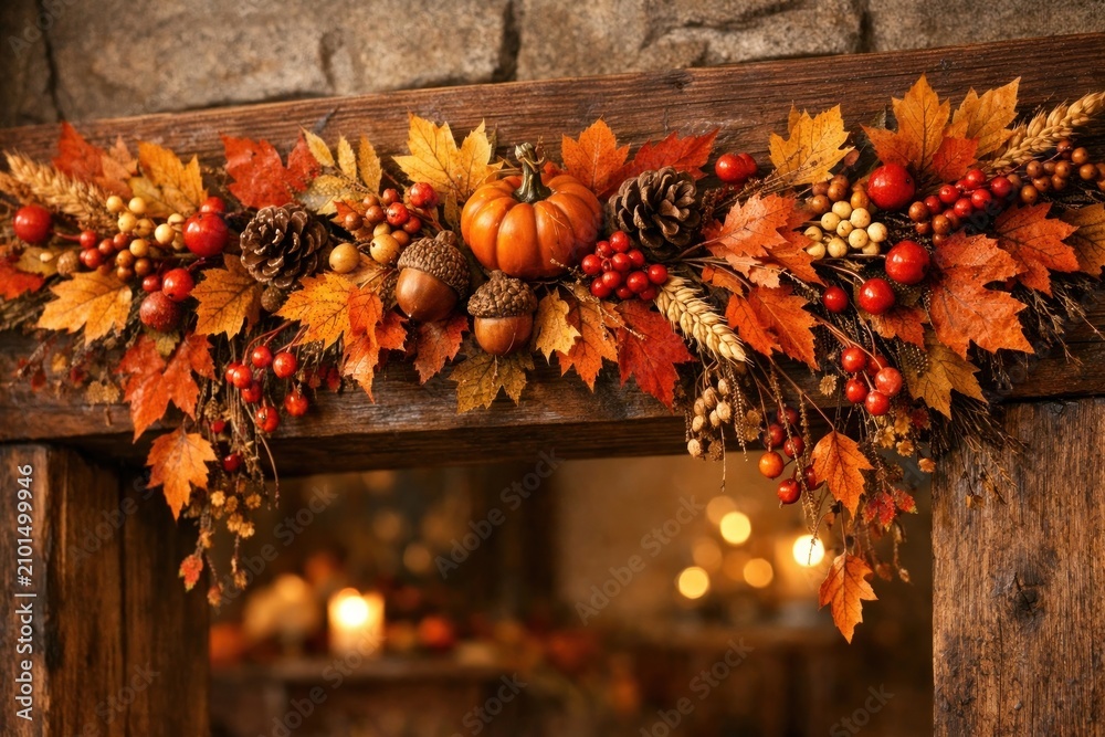 Obraz premium Rustic autumnal harvest fireplace decor.