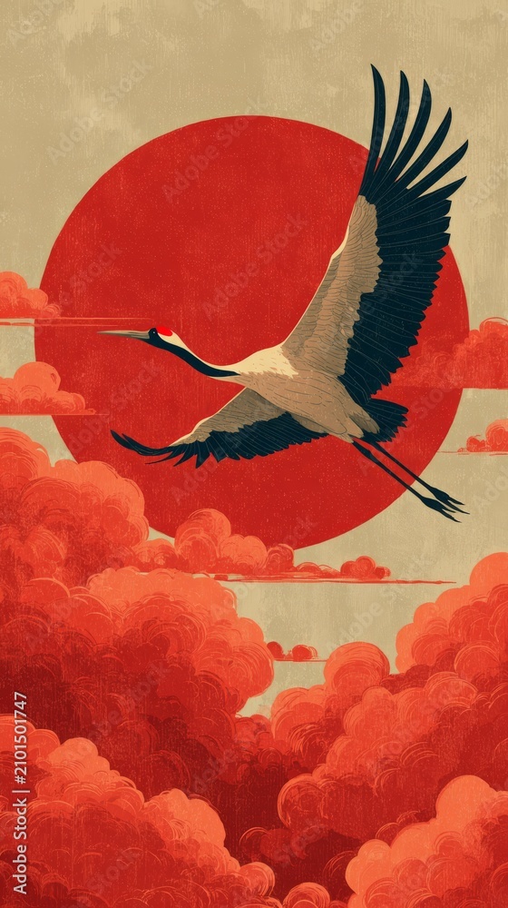 Obraz premium Elegant Crane Flying Across Crimson Sun and Dreamlike Scarlet Clouds