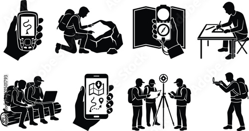 Canvastavla Cartography navigation and outdoor mapping silhouettes set featuring hikers expl