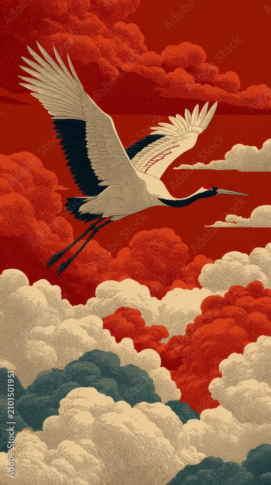 Obraz premium Graceful Japanese Crane Flying Through Ornate Scarlet Clouds Vintage Artwork