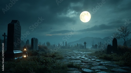 Moonlit Cemetery Road with Lanterns and Gothic Tombstone Shadows