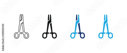 Foto Medical forceps icon, surgical scissors symbol, hospital clamp tool, metallic tweezers sign, dental operation equipment graphic