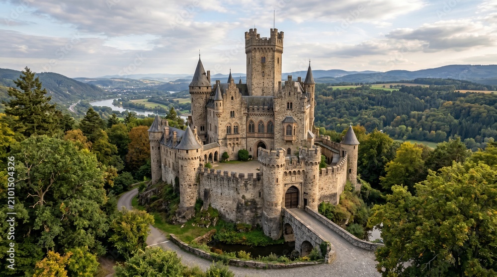 Obraz premium Aerial view of a medieval stone castle perched on a lush forested hill overlooking a winding river valley during a beautiful sunset