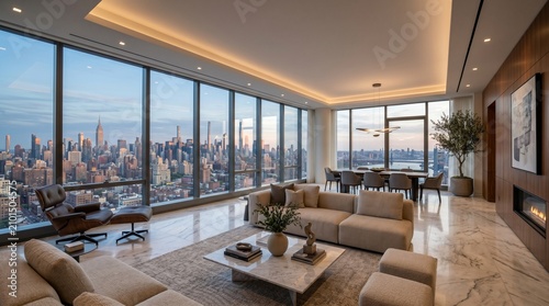 Luxury High Rise Apartment Living Room Featuring Floor to Ceiling Panoramic City Skyline Views and Modern Interior Design