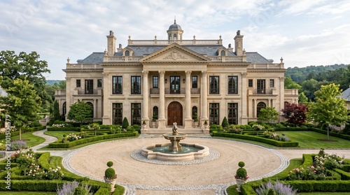 Luxurious Neoclassical Estate Featuring a Grand Circular Driveway and Ornate Stone Fountain in a Manicured Garden Landscape