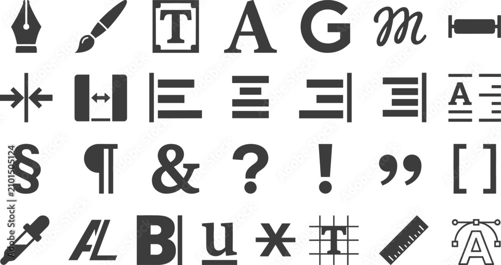 Fototapeta premium Typography Text Editing and Graphic Design Icon Set with Font Formatting, Paragraph Alignment, and Editorial Symbols for Software Interfaces, Websites, and App Designs