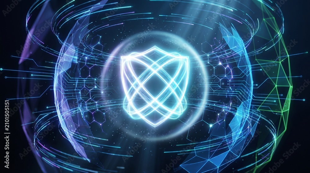 Naklejka premium Futuristic digital shield symbolizing secure data and global network protection.