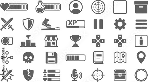 Bild auf Leinwand Video Game User Interface Navigation Icon Set with Health Bars, Weapon Combat, S