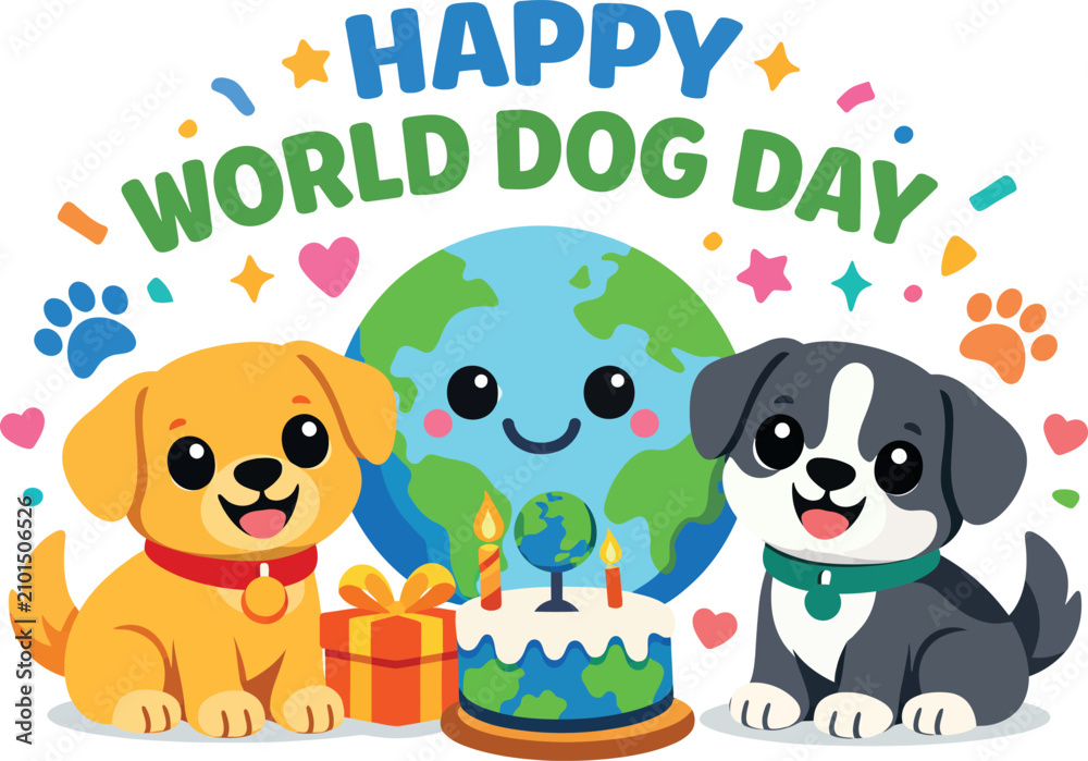 Fototapeta premium Happy World Dog Day Cute Cartoon Puppy Celebration with Earth Birthday Cake Gift Box and Colorful Paw Print Vector Illustration