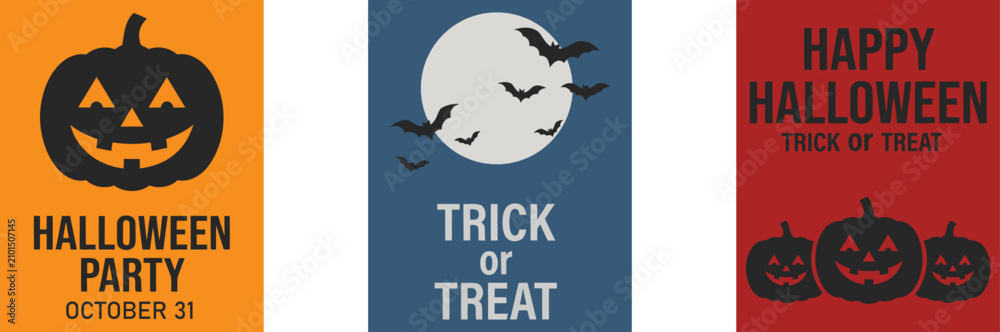 Fototapeta premium Collection of Halloween party signs with jack-o-lanterns, bats, and moon on colored backgrounds