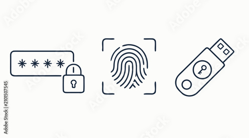 Authentication security line icon set with password lock, fingerprint biometric scan and USB access key, editable stroke vector symbols for login, privacy, cybersecurity and identity protection